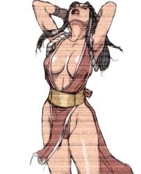 1girls armpits arms_behind_head big_breasts black_hair breasts busty cleavage closed_eyes fatal_fury female female_only highres japanese_clothes king_of_fighters large_breasts legs leotard long_hair mai_shiranui no_bra pelvic_curtain ponytail sensual sexy_armpits sideboob snk solo thighs victory_pose voluptuous