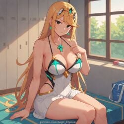 1girl 1girls aegis_elysium ai_art ai_generated bed blonde_hair blush blushing blushing_at_viewer breasts cleavage collar collarbone dress earrings elbow_gloves female_focus gem gloves hair_ornament headpiece highres huge_breasts indoors jewelry large_breasts long_hair looking_at_viewer mythra mythra_(xenoblade) navel nintendo patreon patreon_username room sitting sitting_on_bed smile solo solo_focus thick thick_breasts thick_thighs thighs tiara very_long_hair white_dress xenoblade_(series) xenoblade_chronicles_(series) xenoblade_chronicles_2 yellow_eyes