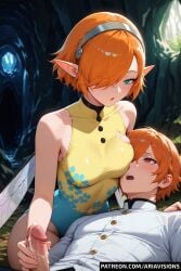 :o ai_generated ariavisions cum cum_on_hand fairy gallica green_eyes headwear metaphor:_refantazio nursing_handjob orange_hair short_hair wings