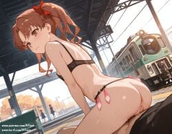 1boy 1girls ai_generated anus areola_slip ass black_bra bow bra breasts brown_eyes brown_hair condom_belt flat_chest hairbow long_hair parted_bangs pussy pussy_juice red_bow reverse_cowgirl_position ringlets shirai_kuroko smile teenage_girl teenager to_aru_kagaku_no_railgun to_aru_majutsu_no_index train_station twintails uncensored young