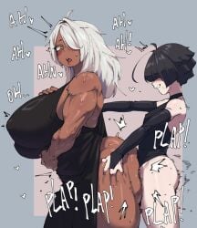 1boy 1girls bigger_female black_hair dark-skinned_female kida_eve muscular_female smaller_male tagme white_hair