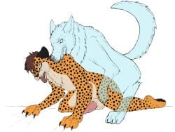 4:3 ahe_gao anthro bite canid canine canis cheetah cheeth dominant dominant_feral felid feline feral hi_res kizaxann looking_pleasured male male/male mammal missing_ear penetration scruff_bite translucent translucent_body wolf zoophilia