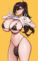 1futa belly belly_button big_breasts bikini black_bikini blush breasts brown_eyes brown_hair bulge bulge_under_clothes futa_only futanari oc original_character peace_sign pulled_up_shirt sweat sweatdrop unbeller yellow_background