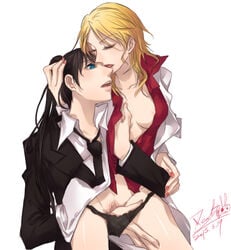 2013 2girls black_hair black_panties blonde_hair breast_grab closed_eyes couple cyberpunk dated female formal hand_in_panties jump_sq. karanomori_shion kunizuka_yayoi multiple_girls necktie panties ponytail production_ig psycho-pass pubic_hair signature tied_hair underwear usa_rin_(kite) yuri