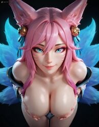 1girl 3d ahri ai_generated animal_ear_fluff animal_ears bangs bare_shoulders bell black_background blue_eyes breasts cleavage closed_mouth exposed_breasts eyeshadow facial_mark fingernails fox_ears fox_girl fox_tail hair_bell hair_between_eyes hair_ornament hair_ribbon japanese_clothes jingle_bell korean_clothes large_breasts league_of_legends leaning_forward lips long_hair looking_at_viewer lyxen3d makeup multi_tail nail_polish nipples pink_hair pink_nails ribbon simple_background smile solo spirit_blossom_ahri spirit_blossom_series tail tails whisker_markings