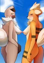 absurd_res anthro ass blue_eyes blush breasts brown_eyes canid canine chest_tuft duo female female/female fur generation_1_pokemon generation_7_pokemon growlithe hi_res looking_at_viewer looking_back mammal neck_tuft nintendo nipples nipples_touching nude orange_body orange_fur pokemon pokemon_(species) rear_view rockruff smile three-quarter_view tuft umisag85rabb99