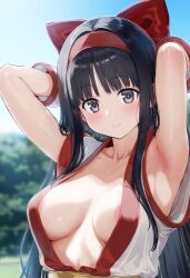 1girls ai_generated ainu_clothes areola_slip armpits arms_behind_head big_breasts black_hair blush breasts busty cleavage female female_only grey_eyes hair_ribbon king_of_fighters large_breasts long_hair looking_at_viewer nakoruru pose posing samurai_shodown sexy_armpits smile snk voluptuous