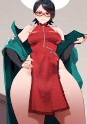 1girls ai_generated bangs bare_shoulders black_hair boruto:_naruto_next_generations breasts bulge_through_clothing chinese_clothes covered_navel covered_nipples dress erection_under_clothes futanari glasses hand_on_hip looking_at_viewer no_panties off_shoulder racerai red-framed_eyewear red_eyes sarada_uchiha short_hair skin_tight solo standing thighs uchiha_sarada