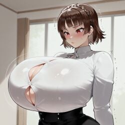 1girls absurd_res ai_generated alternate_breast_size arched_back atlus bangs black_shirt blush braid breasts breasts_bigger_than_head breasts_expansion brown_hair bursting_breasts button_gap cleavage closed_mouth comfyui crown_braid gigantic_breasts highres huge_breasts indoors leaning_back long_sleeves looking_down makoto_niijima massive_breasts motion_lines persona persona_5 persona_5_royal popped_button red_eyes shirt short_hair skirt solo stable_diffusion tight_clothing trembling undersized_clothes video_games white_shirt window xenomon