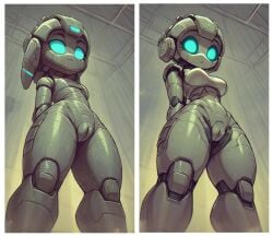 1girls ai_generated arms_behind_back before_and_after breasts female female_only glowing_eyes low-angle_view pussy robot robot_girl robot_humanoid scalieton self_upload surprised thick_thighs