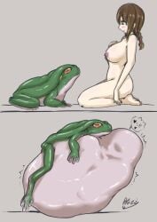 amphibian body_outline breasts curled_up duo exclamation_point female female_prey feral feral_pred frog heart_symbol hi_res human human_prey kaname kaname_(artist) mammal nipples rumbling_stomach size_difference small_dom_big_sub squirming stomach_bulge vore willing_prey