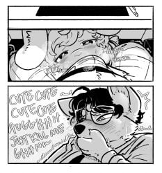 2_panel_comic anthro black_and_white breath bulge canid canine canis claws comic covering covering_mouth domestic_dog duo english_text eyewear floppy_ears flushed genitals glasses head_between_legs heart_eyes heart_symbol hi_res husky inner_ear_fluff l-tech lagomorph lemon_(pawberry) leporid lex_(pawberry) looking_at_another looking_at_viewer male male/male mammal monochrome nordic_sled_dog nuzzling_penis panting pawberry pen penis penis_sniffing pubes rabbit shaking sitting sniffing spitz text trembling tuft under_the_table