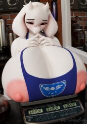 apron areola_slip areolae breasts_bigger_than_head breasts_out deltarune_(symbol) dividebyzero embarrassed fur glasses hands_together huge_breasts large_breasts naked_apron nipple_slip nipples shy toriel undertale white_fur