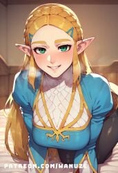 ai_generated all_fours big_ass big_breasts big_butt big_thighs blonde_hair blush braid green_eyes hair_ornament huge_ass huge_butt huge_thighs medium_breasts the_legend_of_zelda the_legend_of_zelda:_breath_of_the_wild wanuze wide_hips