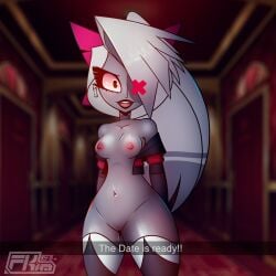 1_eye angel breasts casual_exposure clothed clothing detailed_background dialogue exhibitionism female fkimnsfw grey_body hair hazbin_hotel nipples open_smile partially_clothed pussy smile standing teeth thick_thighs tongue vaggie_(hazbin_hotel) white_hair