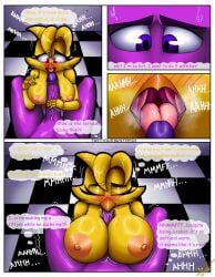 absurd_res animatronic anthro avian big_breasts big_penis bird breast_play breasts chica_(fnaf) chicken closed_eyes comic duo fellatio female five_nights_at_freddy's galliform gallus_(genus) genitals hi_res human humanoid irc_(artist) machine male male/female mammal nipples oral penile penis phasianid pink_eyes purple_body purple_eyes purple_guy_(fnaf) robot scottgames sex speech_bubble text titjob tongue