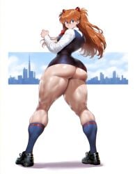 1female 1girls 1woman ai_generated anonymous_artist ass ass_peek asuka_langley_sohryu big_calves female girl kneepits looking_back narrow_waist neon_genesis_evangelion orange_hair red_hair short_skirt skindentation solo tagme thick_calves thick_thighs