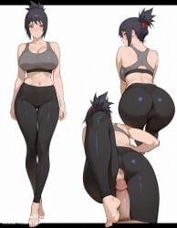 1boy ai_generated anus black_hair brown_eyes flustered folded_ponytail footjob huge_breasts mitarashi_anko model_sheet naruto naruto_(series) pov several_boys sports_bra yoga_pants