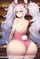 ai_generated azur_lane bar_(place) big_ass blush from_behind from_behind_position hair_ornament laffey_(azur_lane) leotard pink_leotard playboy_bunny rabbit_ears rabbit_tail red_eyes small_breasts standing thighhighs twintails wanuze white_hair wide_hips