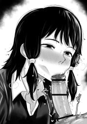 1boy 1boy1girl 1girl1boy 1girls :>= aroused aroused_face black_and_white black_hair blowjob blowjob_face blush censor_bar chainsaw_man clothed faceless_male fellatio female female_focus fumiko_mifune_(chainsaw_man) greyscale hair_ornament heart hearts_around_head japanese_text kaiman_garupan looking_at_another looking_at_partner monochrome oral oral_sex pov pov_fellatio pov_male school_uniform sex sucking_penis sucking_tip twitching uniform