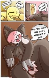 3_panel_comic absurd_res anthro bovid canid canine canis caprine chikn_nuggit chikn_nuggit_(chikn_nuggit) cofi_(chikn_nuggit) dialogue domestic_dog duo female genitals hi_res looking_at_viewer male male/female mammal masturbation presenting presenting_pussy pussy sheep simple_background smile spread_pussy spreading velixx