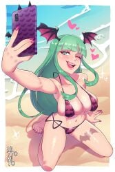 1girls big_breasts bikini breasts darkstalkers female female_only green_eyes green_hair head_wings hito_clover large_breasts morrigan_aensland phone selfie swimsuit