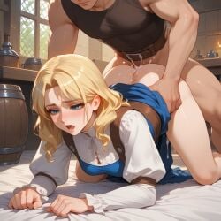 1boy ai_generated all_fours bedsheets blonde_female blonde_hair cum_in_pussy doggy_style female fucked_from_behind gripping_sheets mature_male moaning older_male older_man_and_teenage_girl skirt_lift tavern tight_clothing waitress younger_female