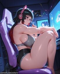 1girls ai_generated bare_shoulders bedroom black_hair blue_eyes bra breasts computer computer_monitor female gamer_girl gaming_chair glasses headphones hi_res highlights_(coloring) jane_doe_(zenless_zone_zero) large_breasts legs lolipop red_hair round_glasses shoes short_hair sideboob sitting thick_thighs zenless_zone_zero