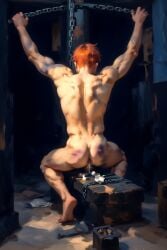 1boy ai_generated arms_above_head ass back_view bruised cum facing_away gay male male_only muscular odinseye red_hair sitting tagme