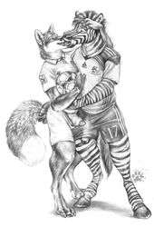 4_toes anthro blotch canine canine_penis claws clothing couple equine erection football fox furry gay hair hooves male no_humans nude paws penis plain_background shirt soccer stripes tongue white_background zebra