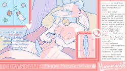 anthro bell bell_collar blue_penis blush bovid caprine chat collar collar_only controller detailed_background english_text fur game_controller gaming gaming_controller genitals goat hamham_(hamham_gd) hamham_gd hi_res horn hybrid intersex livestream maleherm mammal nipple_piercing nipples nude penis piercing pink_body pink_fur pussy solo spread_legs spreading text tongue tongue_out