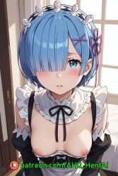 1girls ahq_hentai ai_generated blue_hair blush breasts exposed_breasts maid maid_uniform medium_breasts nipples patreon perfect_body re:zero_kara_hajimeru_isekai_seikatsu rem_(re:zero) shy stable_diffusion standing