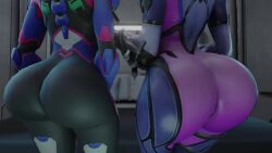 2girls 3d animated ass ass-to-ass ass_focus ass_press bodysuit brown_hair d.va from_behind huge_ass jiggle kishi leaning leaning_forward long_hair multiple_girls overwatch overwatch_2 ponytail purple_hair shiny shiny_skin tagme very_long_hair video widowmaker