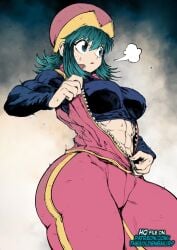 1girls buff_female defined_muscles green_hair hat hourglass_figure huge_ass hunter_x_hunter large_breasts muscular_female ponzu serious_look simple_background six_pack solo_focus sweatdrop text thegoldensmurf thick_thighs third-party_edit tracksuit unzipped unzipping weekly_shonen_jump