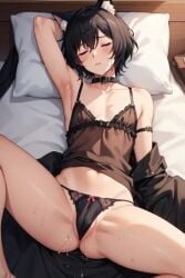 ai_generated black_hair black_hair_bottom black_hair_male black_lingerie cat_boy cat_collar cat_ears cat_hybrid cat_tail catboy collar cuntboy cute intersex lingerie male napping sleeping submissive trans trans_man transgender transgender_male wet wet_pussy