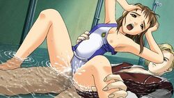 1boy 90s brown_hair censored female game_cg in_water luv_wave swimsuit vaginal_penetration water