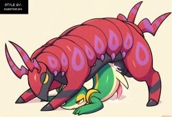 ai_generated ambiguous_gender arthropod big_penis blush bodily_fluids duo female feral generation_5_pokemon genitals hellsonger hi_res male male/male myriapod nintendo penis pokemon pokemon_(species) saliva scolipede simple_background snivy sweat