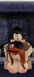 1girl1boy areola big_breasts black_hair naked_female naked_male nipples red_hair roblox roblox_avatar roblox_condo roblox_studio robloxian