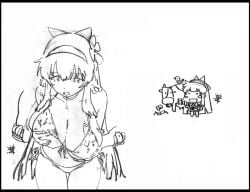 1boy 1girls ainu_clothes artist_name big_breasts bikini bovine breast_grab breasts busty chibi child_bearing_hips cleavage dot_eyes drooling female fingerless_gloves gloves groping hair_ribbon happy heart highres king_of_fighters large_breasts leaning_forward long_hair male moaning monochrome multiple_views nakoruru navel open_mouth pantyhose ribbon saliva saliva_trail samurai_shodown side-tie_bikini_bottom sketch smile snk solo swimsuit tongue traditional_media very_long_hair voluptuous yellow_bikini