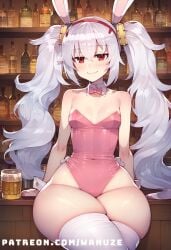 ai_generated azur_lane bar_(place) big_ass blush crossed_legs hair_ornament laffey_(azur_lane) leotard pink_leotard playboy_bunny rabbit_ears rabbit_tail red_eyes sitting small_breasts thighhighs twintails wanuze white_hair wide_hips