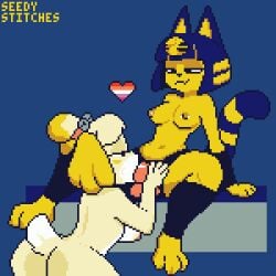 2d 2girls animal_crossing ankha ankha_(animal_crossing) anthro anthro_on_anthro aroused ass bell blonde_hair blue_hair breasts canid canine canis digital_media dildo domestic_cat domestic_dog dominant dominant_female duo felid feline felis fellatio female female/female female_only fur furry furry_only genitals hair half-closed_eyes heart_symbol isabelle_(animal_crossing) lesbian_pride_colors lgbt_pride mammal narrowed_eyes naughty_face navel nintendo nipple_piercing nipples open_mouth oral penile piercing pixel_art pride_colors relaxing seedy_stitches_(artist) sex sex_toy sex_toy_fellatio sitting skinny smile smirk strap-on strap-on_fellatio strapon strapon_fellatio sucking_dildo tail thick_thighs yellow_body yellow_fur