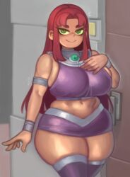 1girl arm_wear dc dc_comics green_eyes kelvin_hiu large_breasts large_thighs purple_clothing purple_skirt red_hair skirt starfire tagme thick_thighs thigh_highs thigh_squish thighs tight_clothing