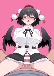 1boy bar_censor black_hair black_wings blush breasts censored cowgirl_position cum ejaculation female hammer_(sunset_beach) hat large_breasts open_mouth penis pink_background red_eyes red_hat shameimaru_aya shirt short_hair simple_background straight tokin_hat touhou white_shirt wings