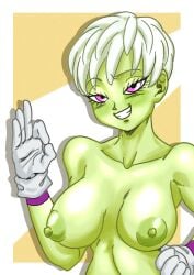 1girls alien alien_girl alien_humanoid breasts cheelai dragon_ball dragon_ball_super female gloves green_areola green_nipples green_skin majinbubiz nipples partially_clothed peace_sign purple_eyes short_hair short_hair_female simple_background smile smiling smiling_at_viewer solo solo_female white_hair