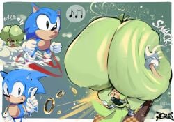 1boy 1girls 7gtes anthro ass_focus ass_up big_ass big_butt bubble_butt clapping_ass clapping_cheeks classic_sonic female gameplay_mechanics green_skin head_between_legs head_down_ass_up holding_legs huge_ass hyper_ass losing_rings onomatopoeia rings slap slapping_ass slapping_butt sonic_(series) sonic_the_hedgehog surge_the_tenrec tagme top-down_bottom-up whistling