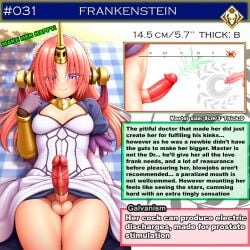 ai_generated character_sheet fate/apocrypha fate/grand_order fate_(series) frankenstein_(fate) futanari red_hair red_penis size_comparison size_talk stitched