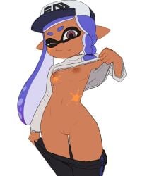 2024 :3 breasts brown_body brown_skin cap female female_only hat ink inkling inkling_girl lifting_shirt nintendo nipples one_eye_closed orange_ink original original_character pulling_down_pants purple_eyes purple_hair pussy small_breasts splatoon tied_hair white_background zveno