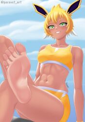 abs absurdres artist_name barefoot blonde_hair blush bra collarbone covered_erect_nipples creatures_(company) crossed_legs female female_focus foot_out_of_frame foreshortening game_freak gen_1_pokemon green_eyes highres jolteon looking_at_viewer muscular muscular_female navel nintendo paravet personification pokemon short_hair shorts signature sitting sky smile soles solo sports_bra teeth thighs toes twitter_username underwear yellow_bra yellow_shorts