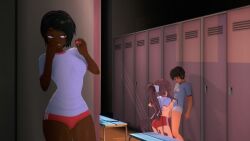 3d black_female black_girl boobjob breasts brown_hair cock_between_breasts coral_brown_hair dark-skinned_female doki_doki_literature_club ebony edit edited female getting_horny gym_uniform horny_female koikatsu locker_room male monika_(doki_doki_literature_club) original_character penis spying squeezing_breasts_together tittyfuck watching_from_afar yellow_eyes