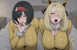 2girls ai_generated big_breasts black_hair blonde_female blonde_hair bodysuit breasts cosplay covered_navel curvaceous curvy_body curvy_female curvy_figure cynthia_(pokemon) erika_(pokemon) eyelashes facing_viewer fake_animal_ears female_hypno fur_collar fur_trim hair_accessory hair_ornament hair_over_one_eye huge_breasts human hypno_(cosplay) lips long_hair mature mature_female open_mouth pokemon pokemon_(cosplay) pokemon_(species) pokemon_bdsp pokemon_dppt purple_eyes short_hair smile stable_diffusion tongue tongue_out underdog454545